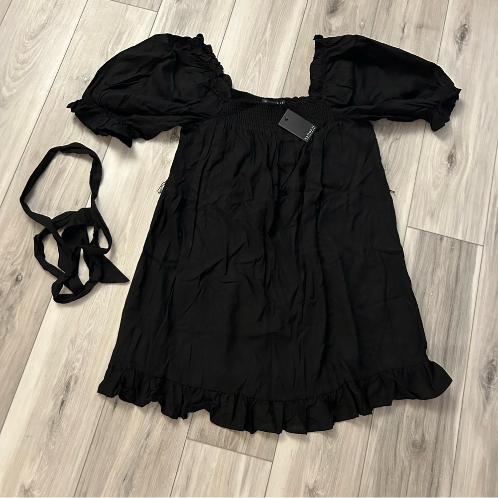 Eloquii Linen Blend Plus 18/20 Dress Puff Sleeve Ruffle Belt Black NWT Babydoll